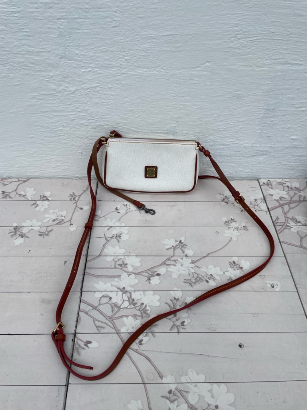 Dooney & Bourke White Crossbody with Brown Leather Strap
